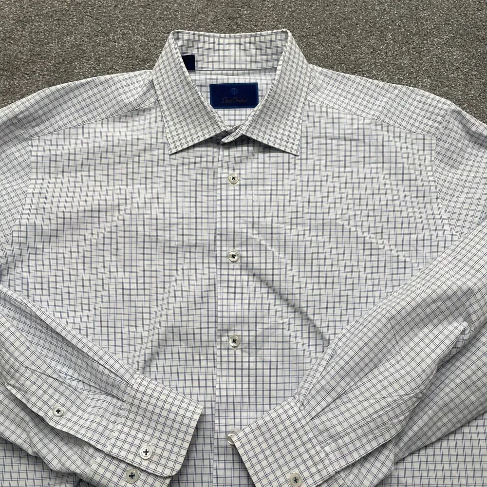 David Donahue Shirt Adult 17 34/35 White Blue Plaid Dress Workwear Cotton Mens - Picture 2 of 8